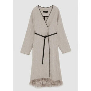 Zara Linen Striped Belted Whipstitch Simple Minimalist Coat  S